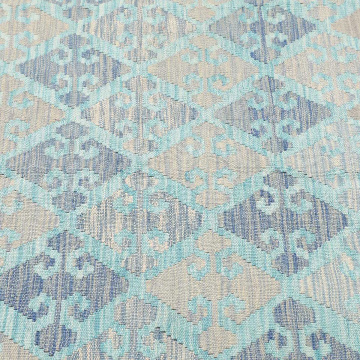 Tapis kilim géométrique, tissé plat en laine naturelle, KILIM 79 bleu, beige, gris, UN AMOUR DE TAPIS