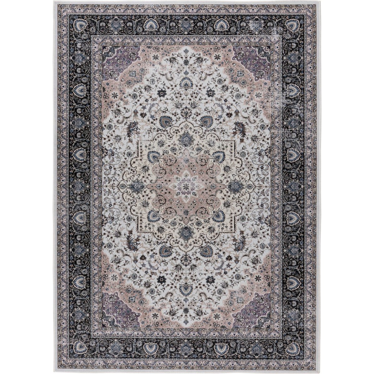 Tapis rectangulaire à motif oriental, Rocks ivoire beige à motifs bleu nuit, ARTE ESPINA