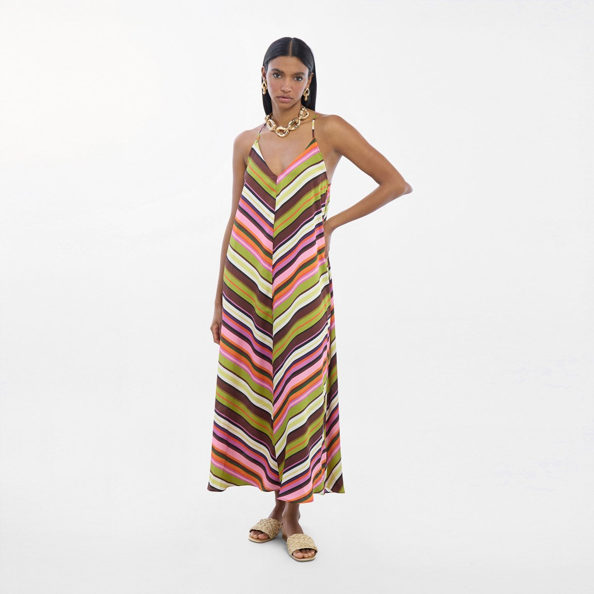 Robe longue fluide à fines bretelles rayures multicolores vert olive, LOLA CASADEMUNT