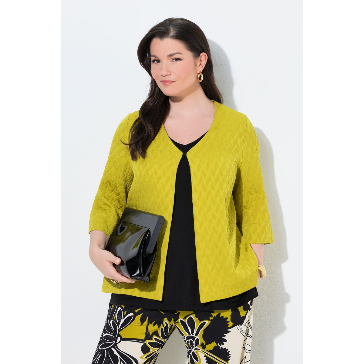 Veste encolure en V et manches 3/4 vert moutarde, ULLA POPKEN