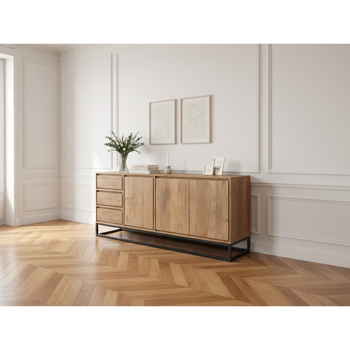 Buffet bas en bois massif 3 portes 190 cm, BERGERAC bois clair, BOBOCHIC