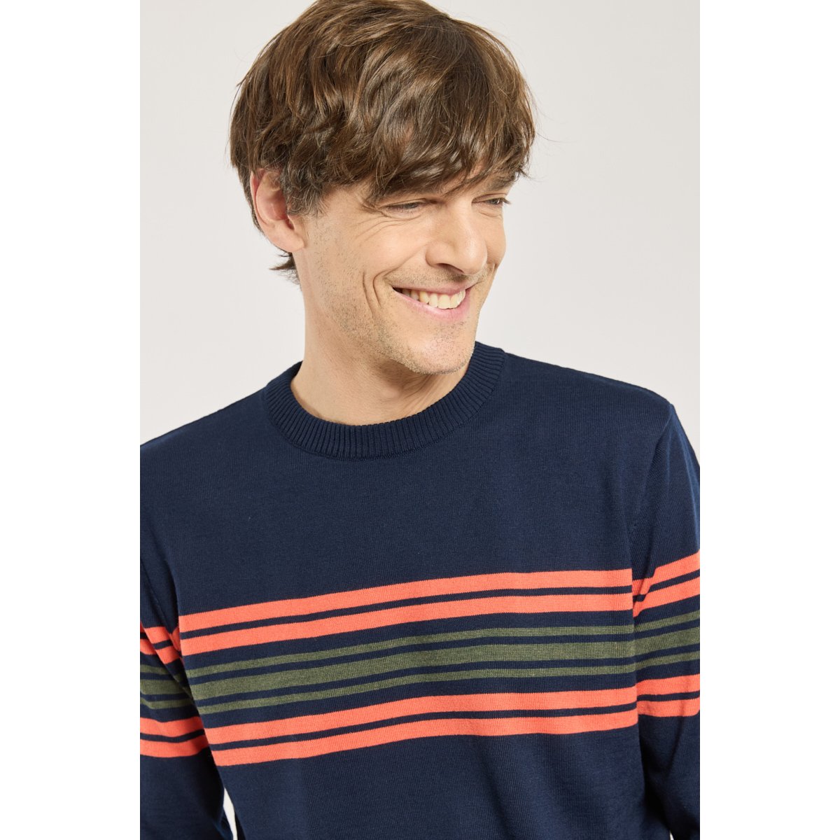 Pull rayé Berac - laine marine deep/paprika/fougèr, GUY DE BERAC