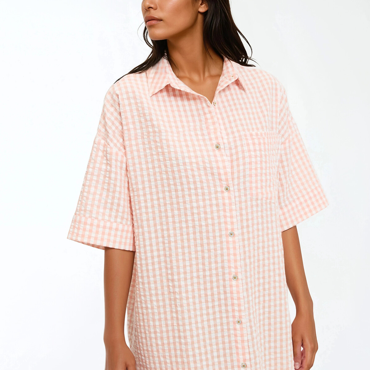 Chemise de nuit seersucker, en vichy tissé-teint, Signature AIMÉE rose, LA REDOUTE COLLECTIONS