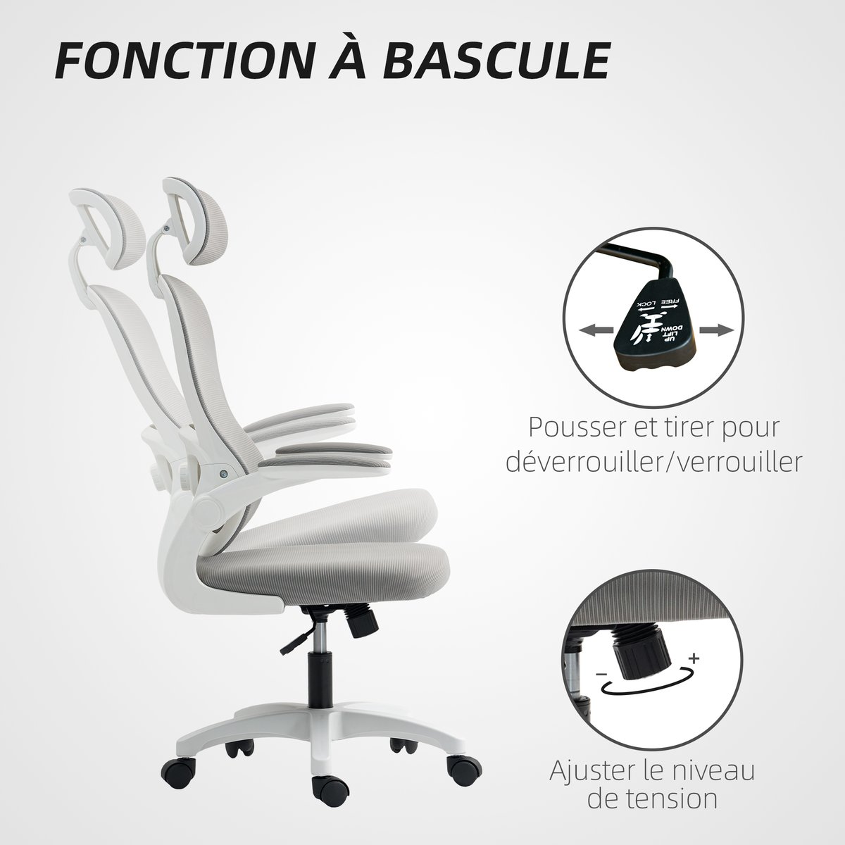 Chaise de bureau Maille (100 % polyester) gris, blanc, HOMCOM