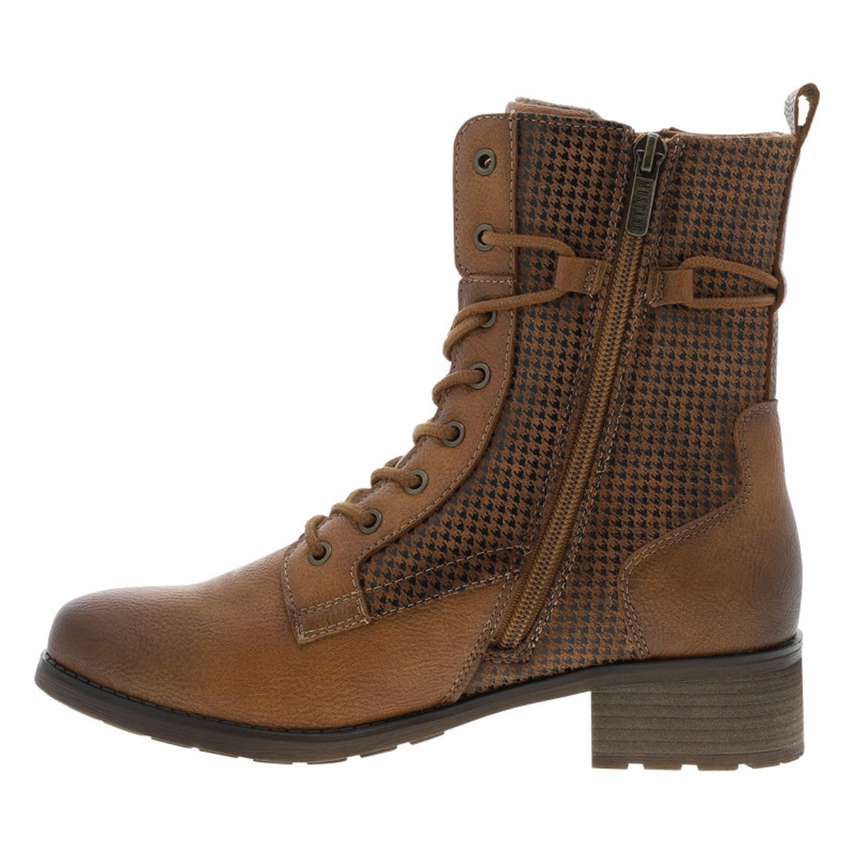 Bottines beiges à talon décroché bas avec un zip et des lacets ronds cognac, MUSTANG