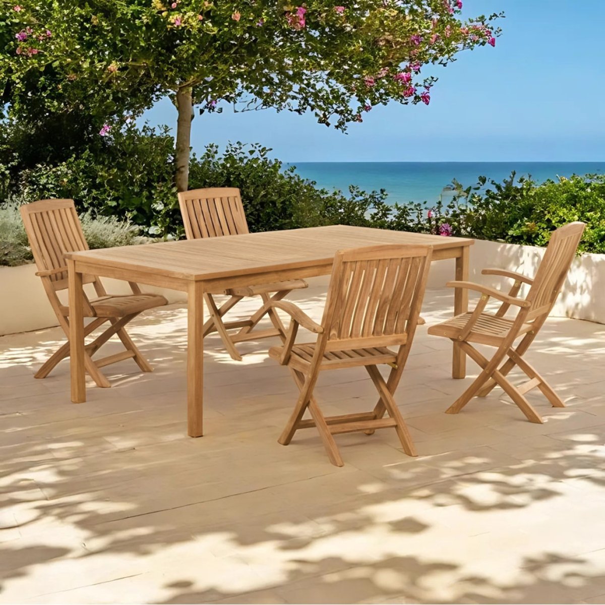 Ensemble table de jardin et 4 chaises pliantes en teck massif naturel, WANDA COLLECTION