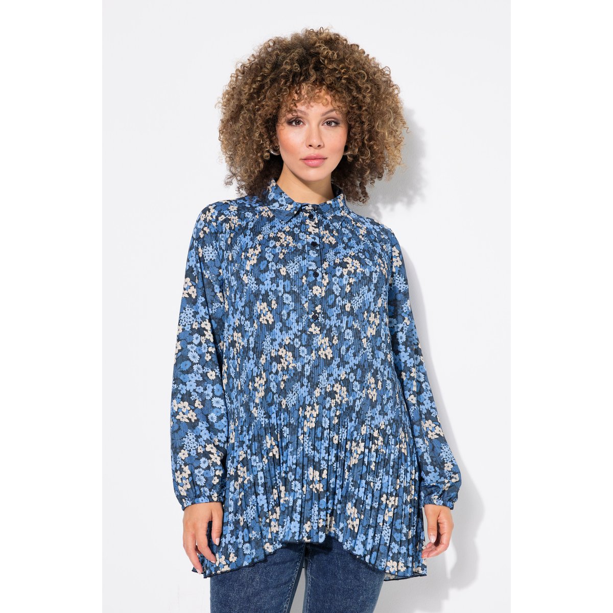 Chemisier plissé à fleurs, coupe évasée bleu clair, ULLA POPKEN