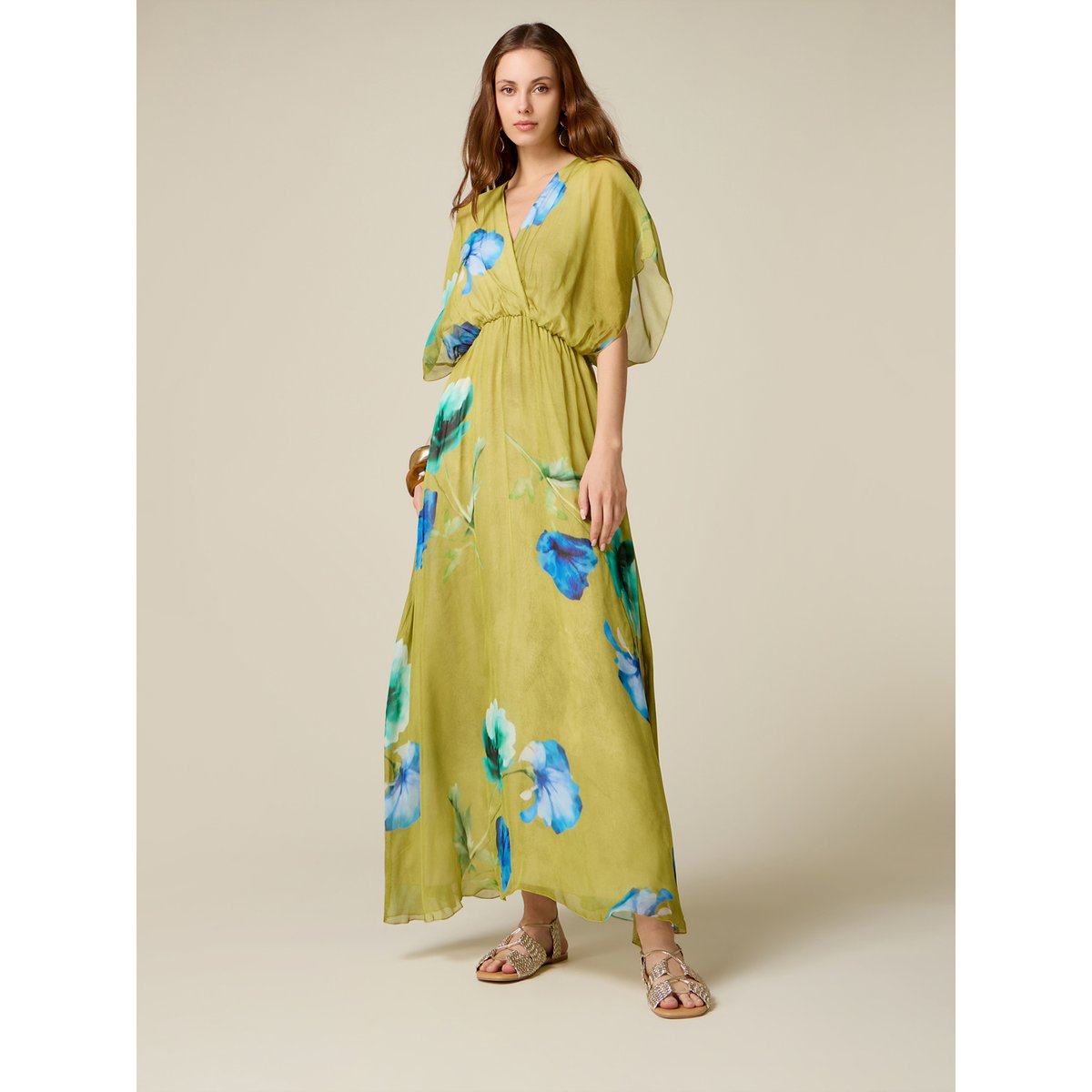 Robe longue en mélange de soie à motifs vert, OLTRE