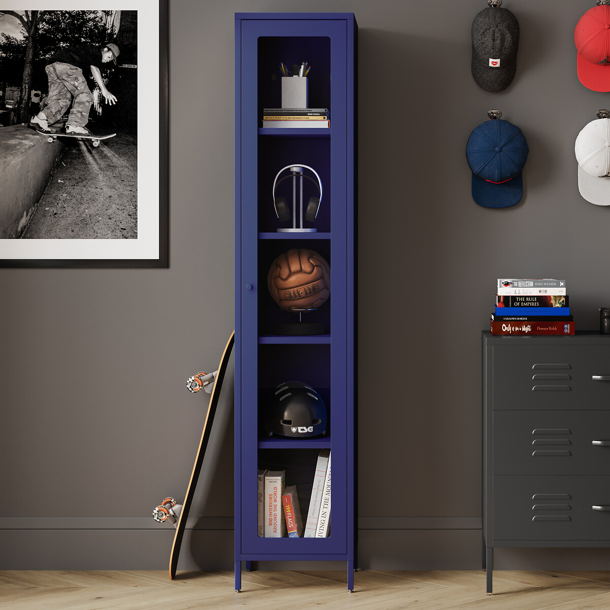 Talisk Industrial Metal and Glass Cabinet blue, SO'HOME