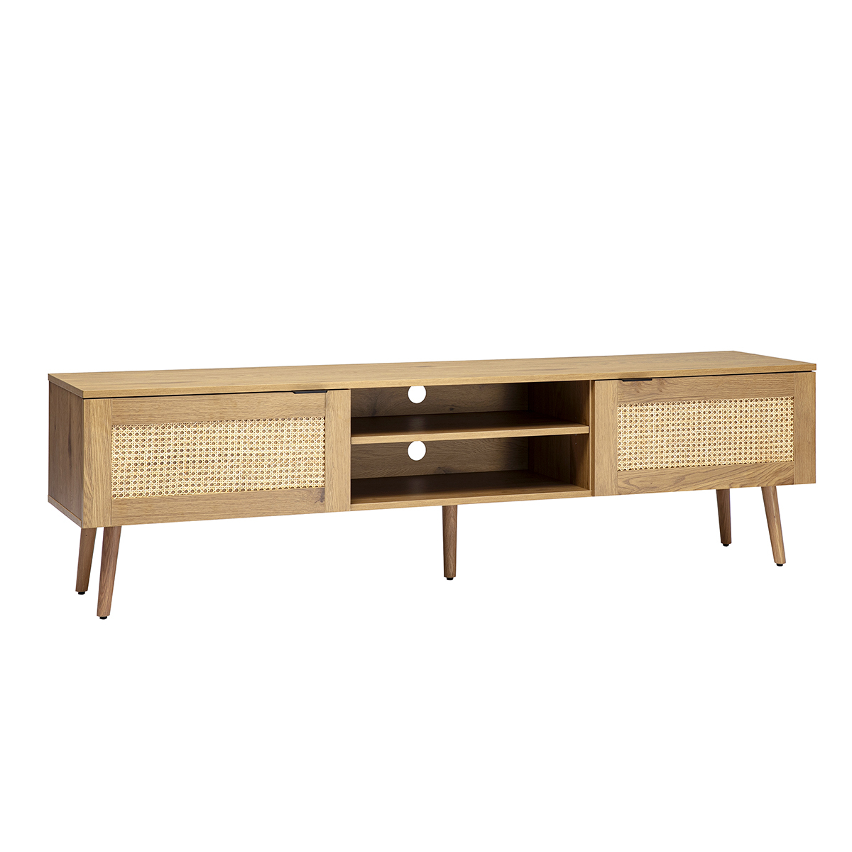 Meuble TV finition bois clair, cannage rotin et métal noir 2 portes L180 cm MANILLE marron, MILIBOO