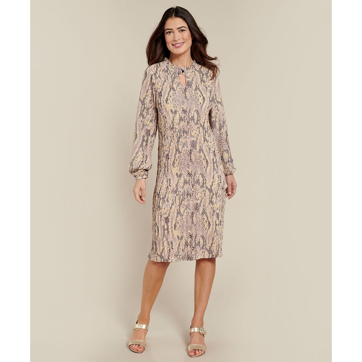 Robe plissée serpent marron imp. reptile, DAMART