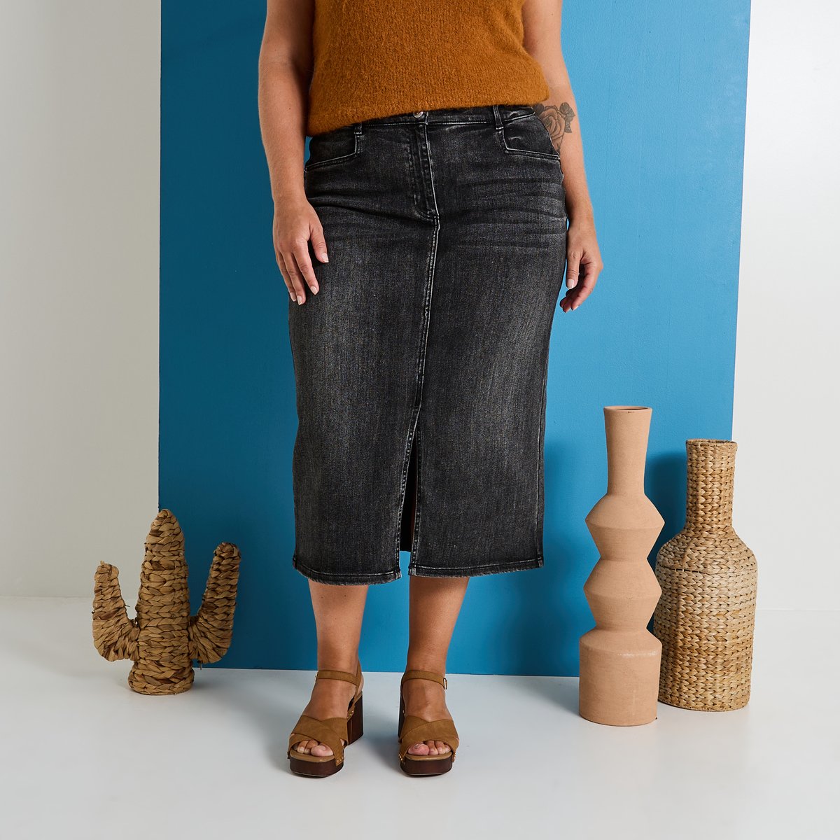 Jupe longue en denim gris dark grey, GRAIN DE MALICE