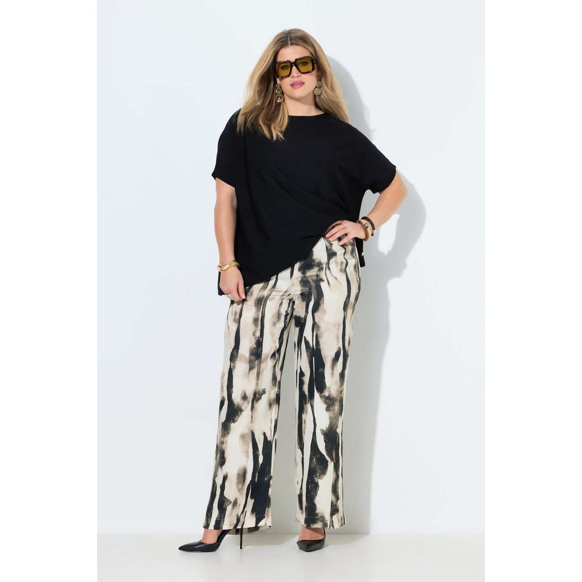 Pantalon en satin imprimé noir, ULLA POPKEN