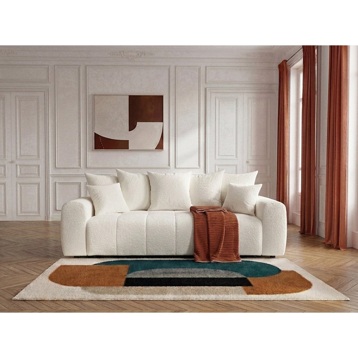 Canapé droit convertible 3 places en tissu bouclette, ROXELANE blanc, BOBOCHIC