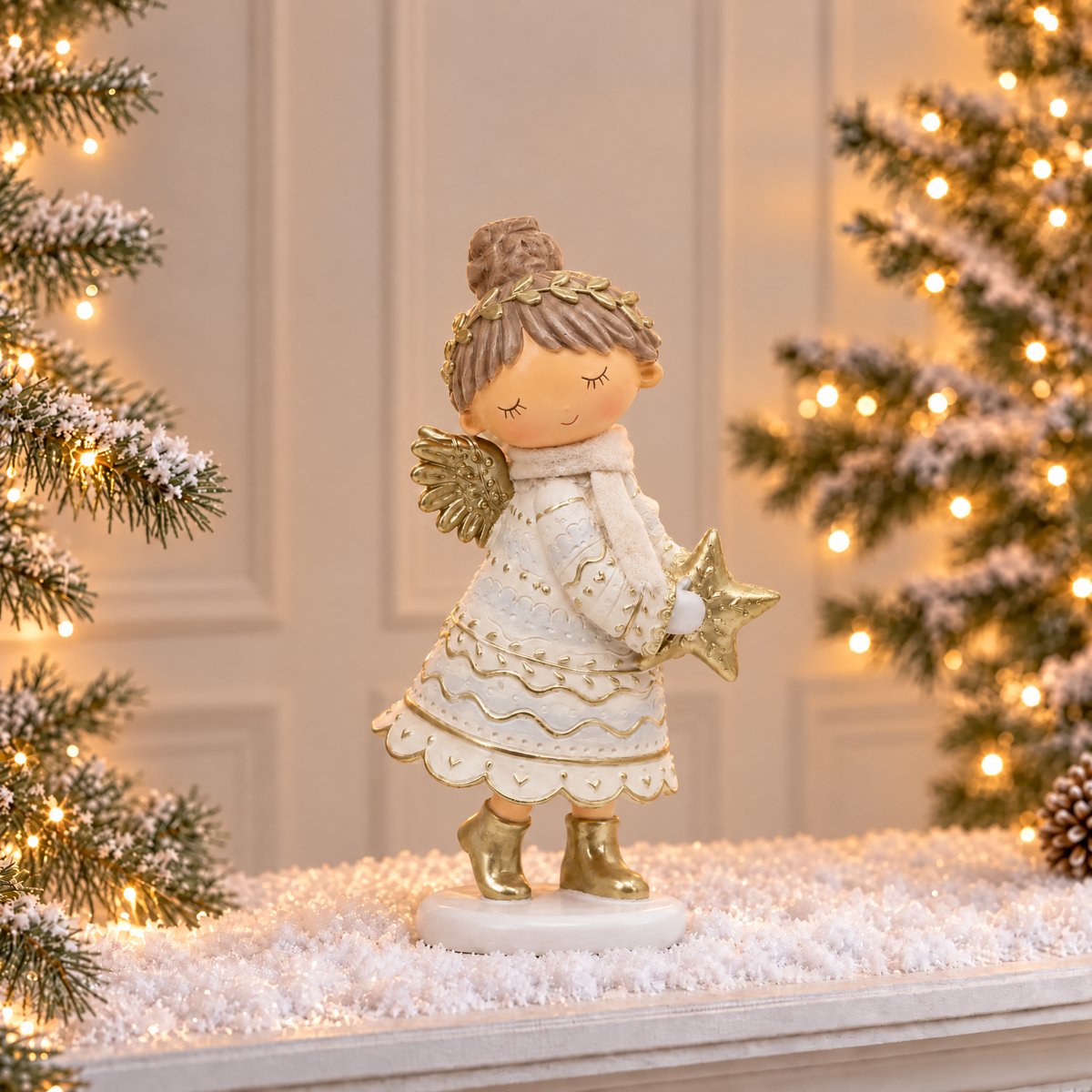 Figurine ange à l'étoile de noël décorative artificielle H20 ELFIE beige, SIA