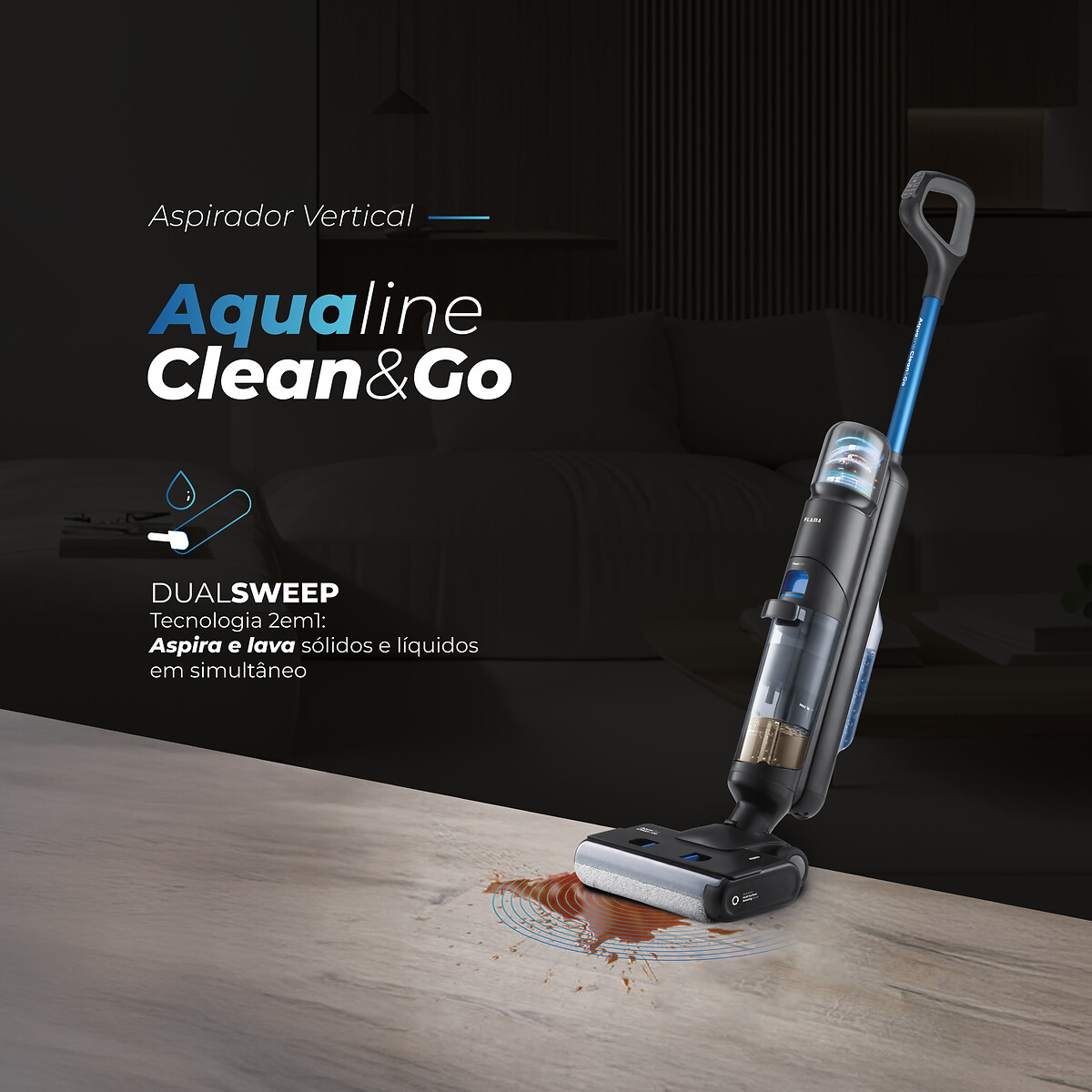 Aspirador Vertical Sem Fios Aqualine Clean&Go 1691FL, FLAMA preto , FLAMA