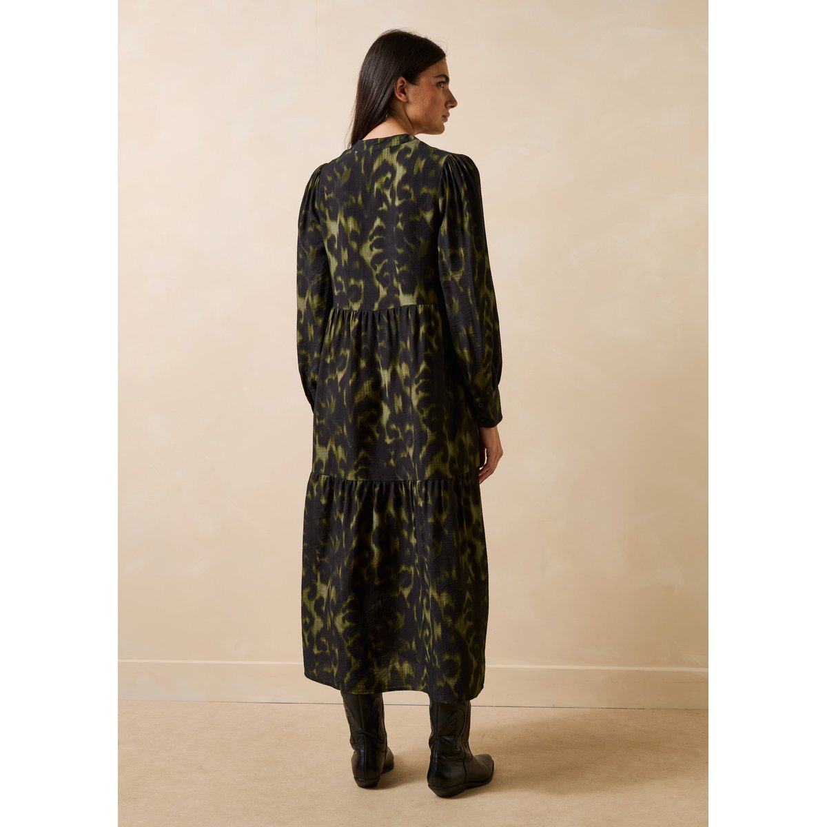 Robe longue ample manches longues imprimée kaki, LA FEE MARABOUTEE