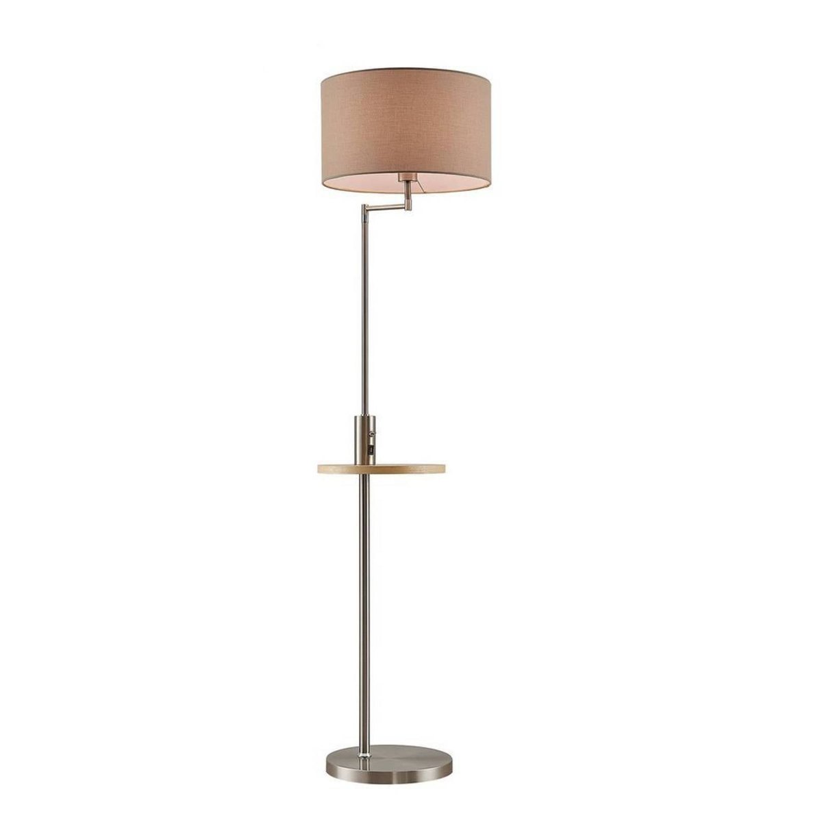 Lampadaire en métal moderne, Zinia nickel satiné, beige, bois clair, LINDBY
