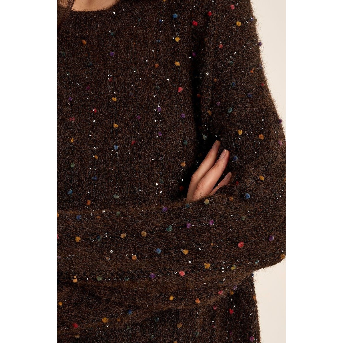 Pull col rond détails multicolores marron chocolat, MOLLY BRACKEN