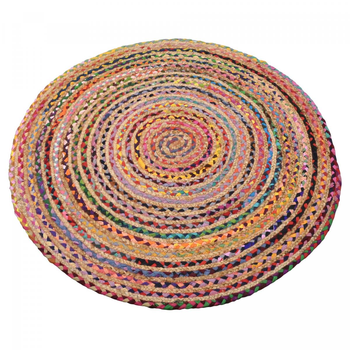 Tapis rond fait à la main en jute motif ethnique ALANA rouge, jaune, crème, UN AMOUR DE TAPIS