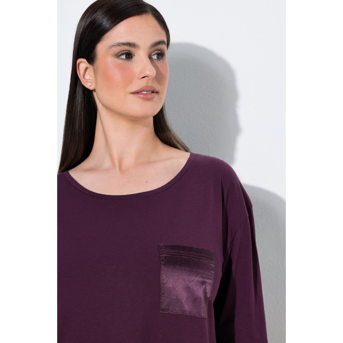 Chemise de nuit à col rond et manches prune foncé, ULLA POPKEN