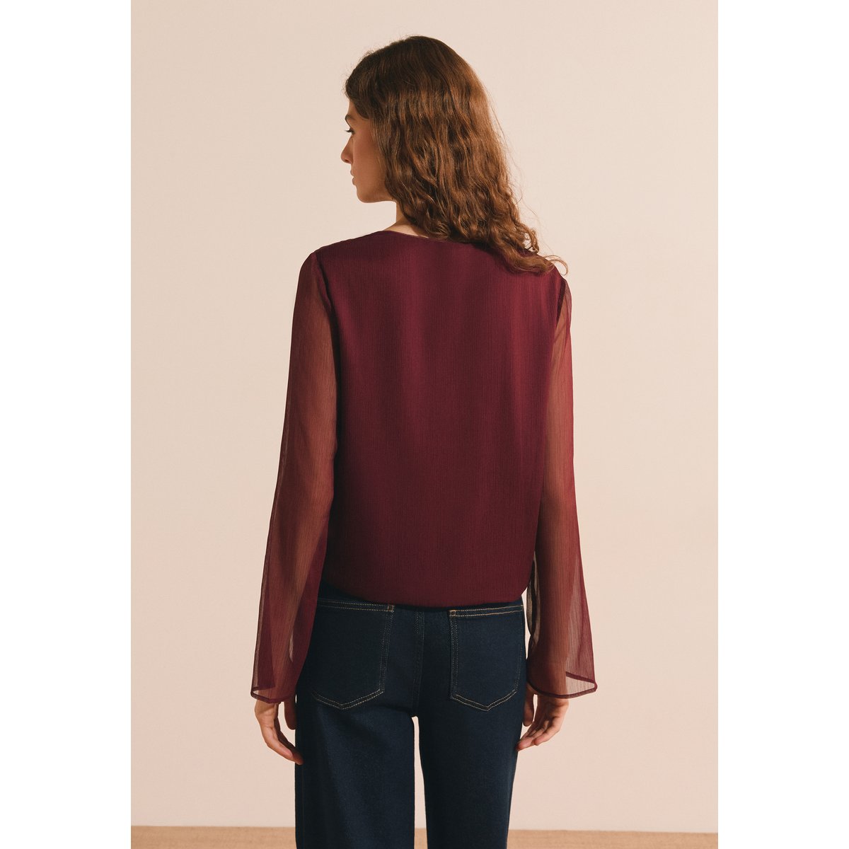 Blouse col V avec dentelle et transparence BABELLE bordeaux grenat, ETAM