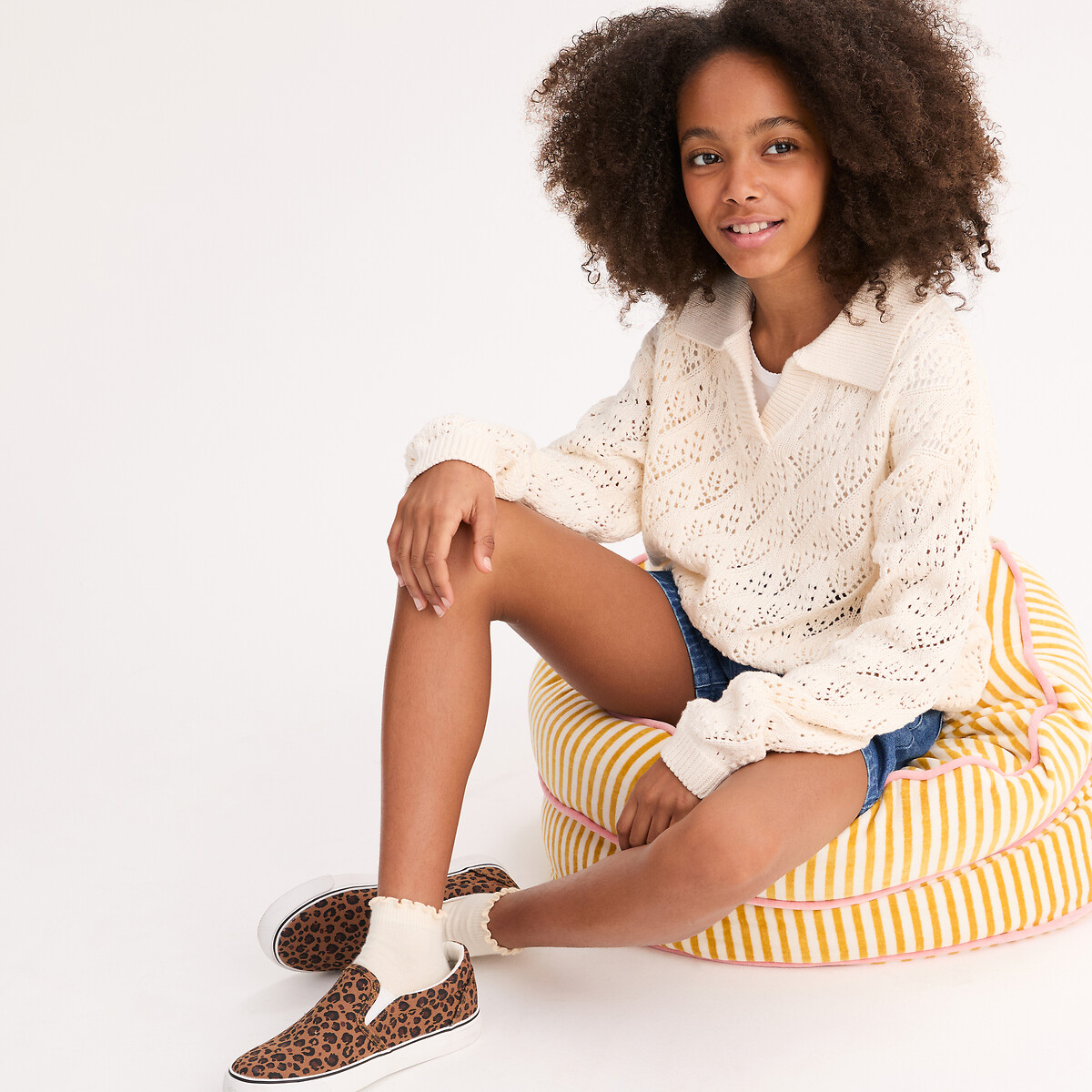 Pull col polo en fine maille ajourée ecru, LA REDOUTE COLLECTIONS