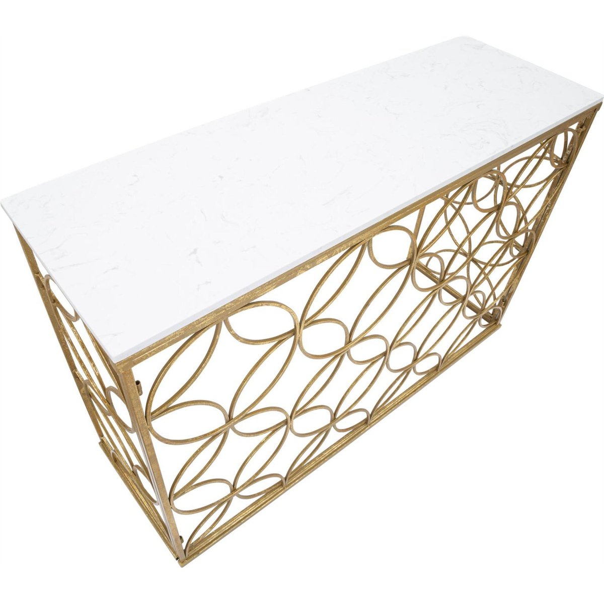 Console en fer motif géométrique plateau marbre doré et blanc, RECOLLECTION