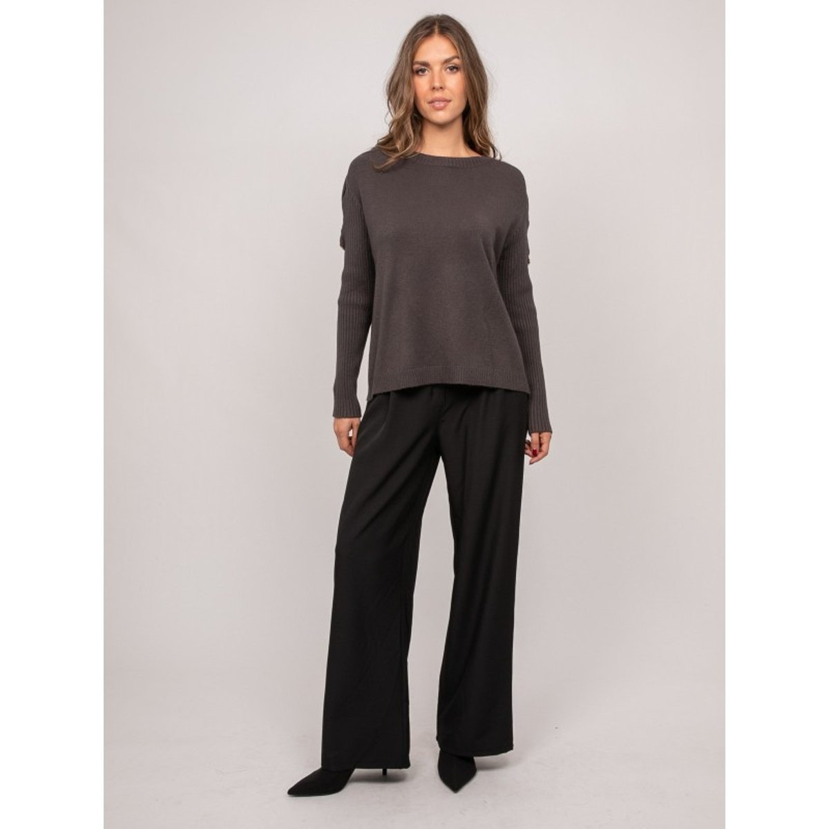 Pull Maille Manches Côtelées Et Boutons Dorés Kandyce gris, DONA LISA
