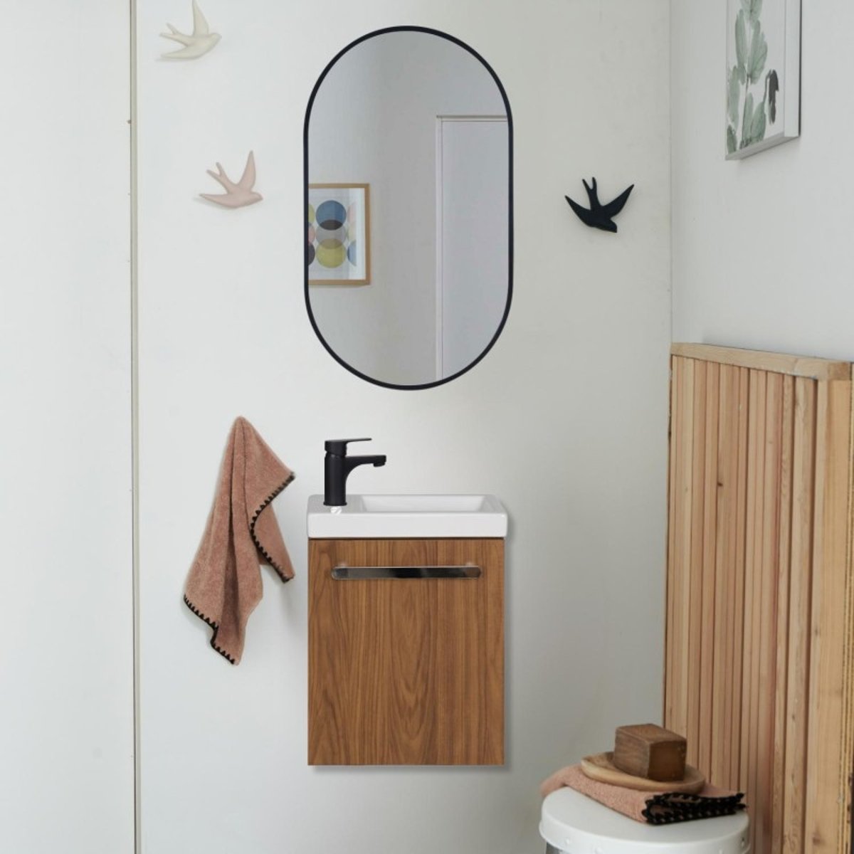 Ensemble lave-mains suspendu avec miroir ovale NEVADA décor noyer, MOB IN