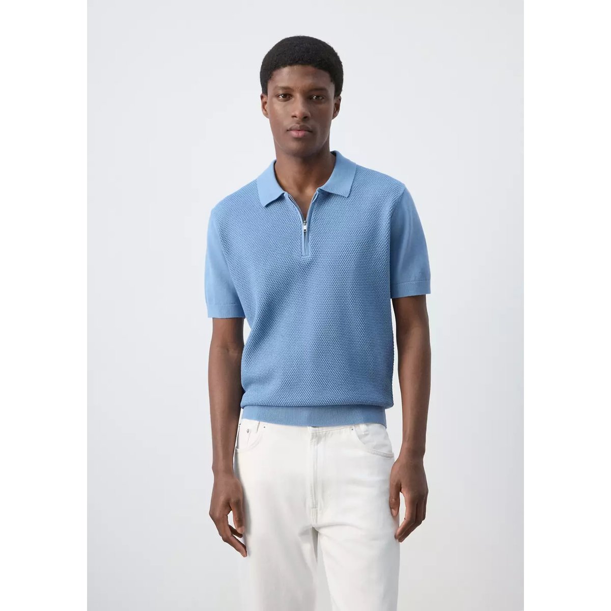 Polo 100 % coton maille structure bleu porcelaine, MANGO MAN