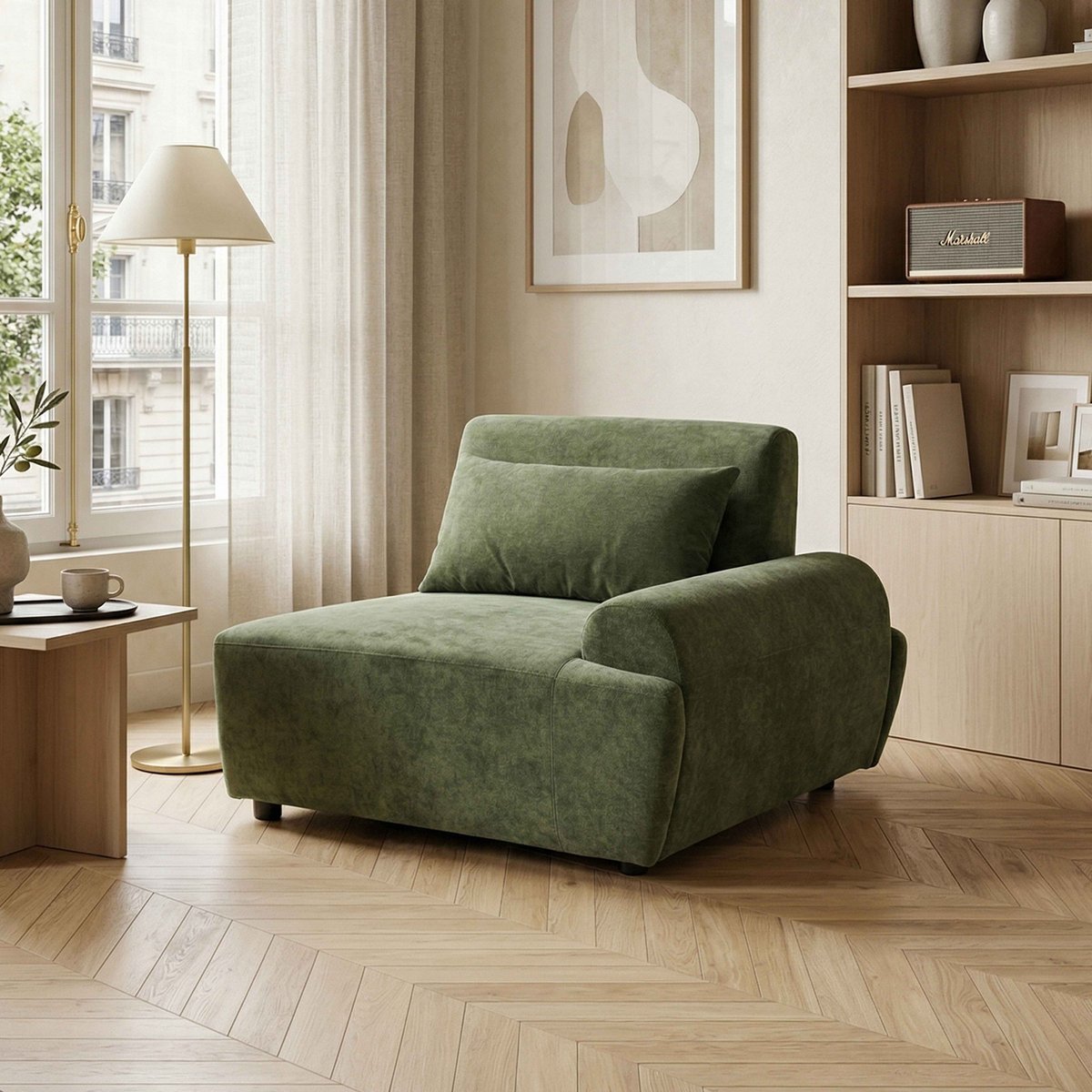 Fauteuil gauche pour canapé modulable en tissu avec coussin dossier ajustable, CALLISTO vert, OVIALA