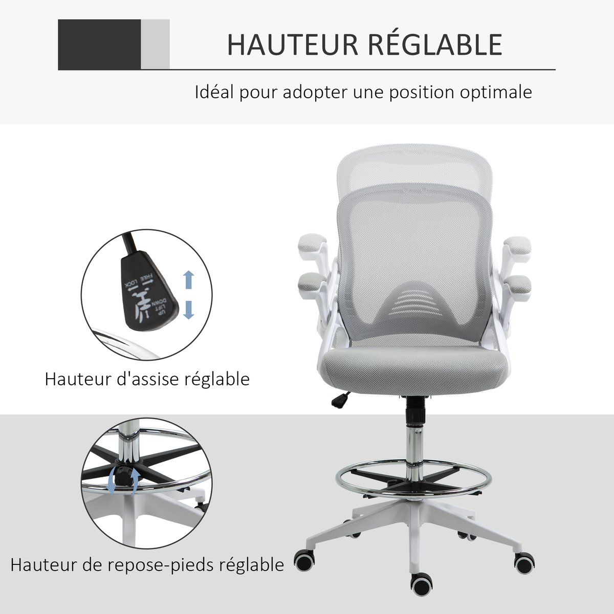 Chaise de bureau pour poste de travail debout gris et blanc, HOMCOM