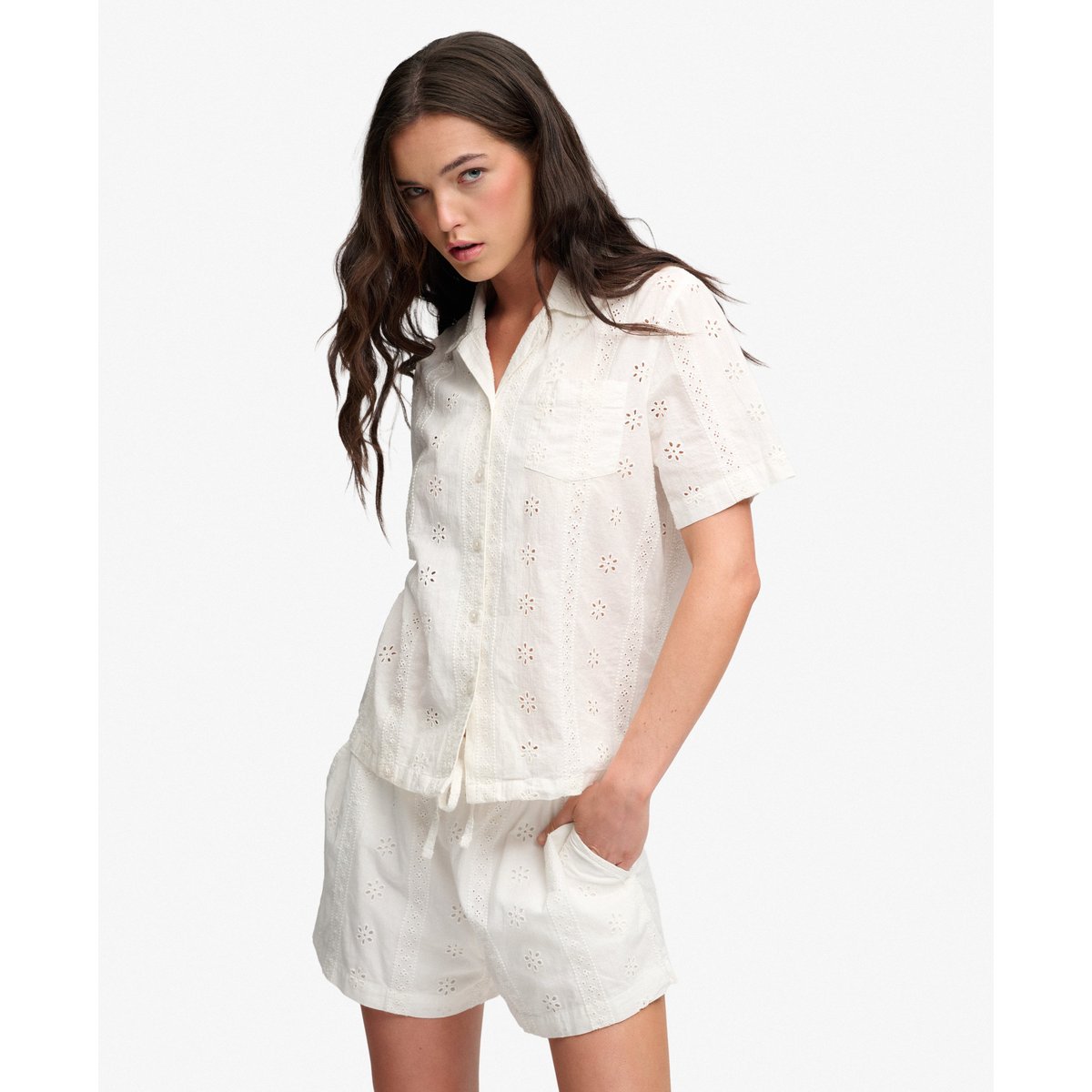 Chemise à manches courtes Heritage Broderie blanc cassé, SUPERDRY