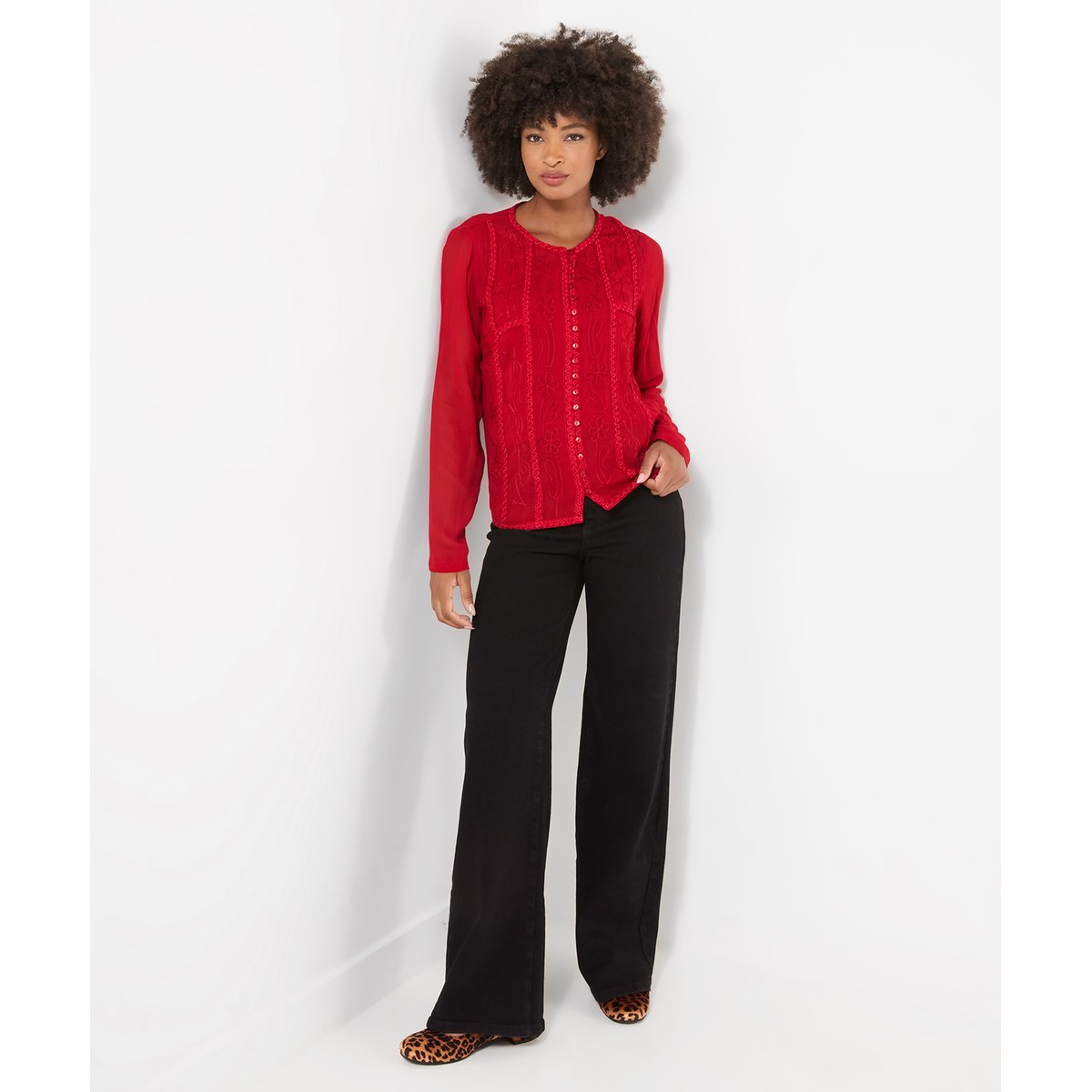 Blouse Boutonnée Brodée Emily avec Caraco rouge, JOE BROWNS