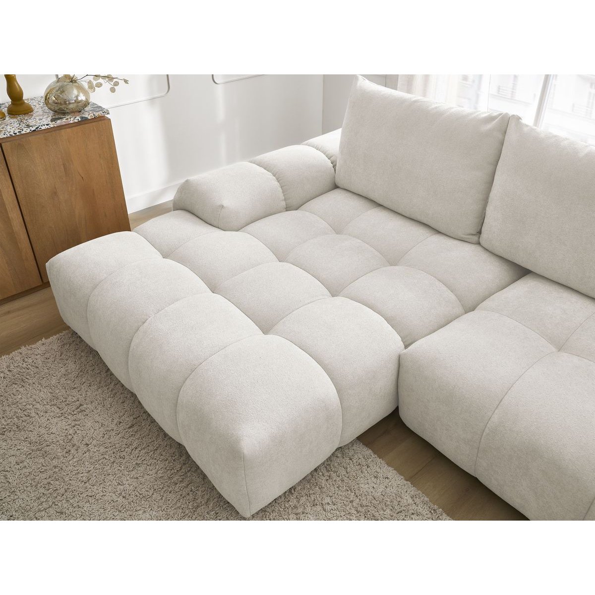 Canapé d'angle convertible 3 places en tissu texturé, EVEREST blanc, BOBOCHIC