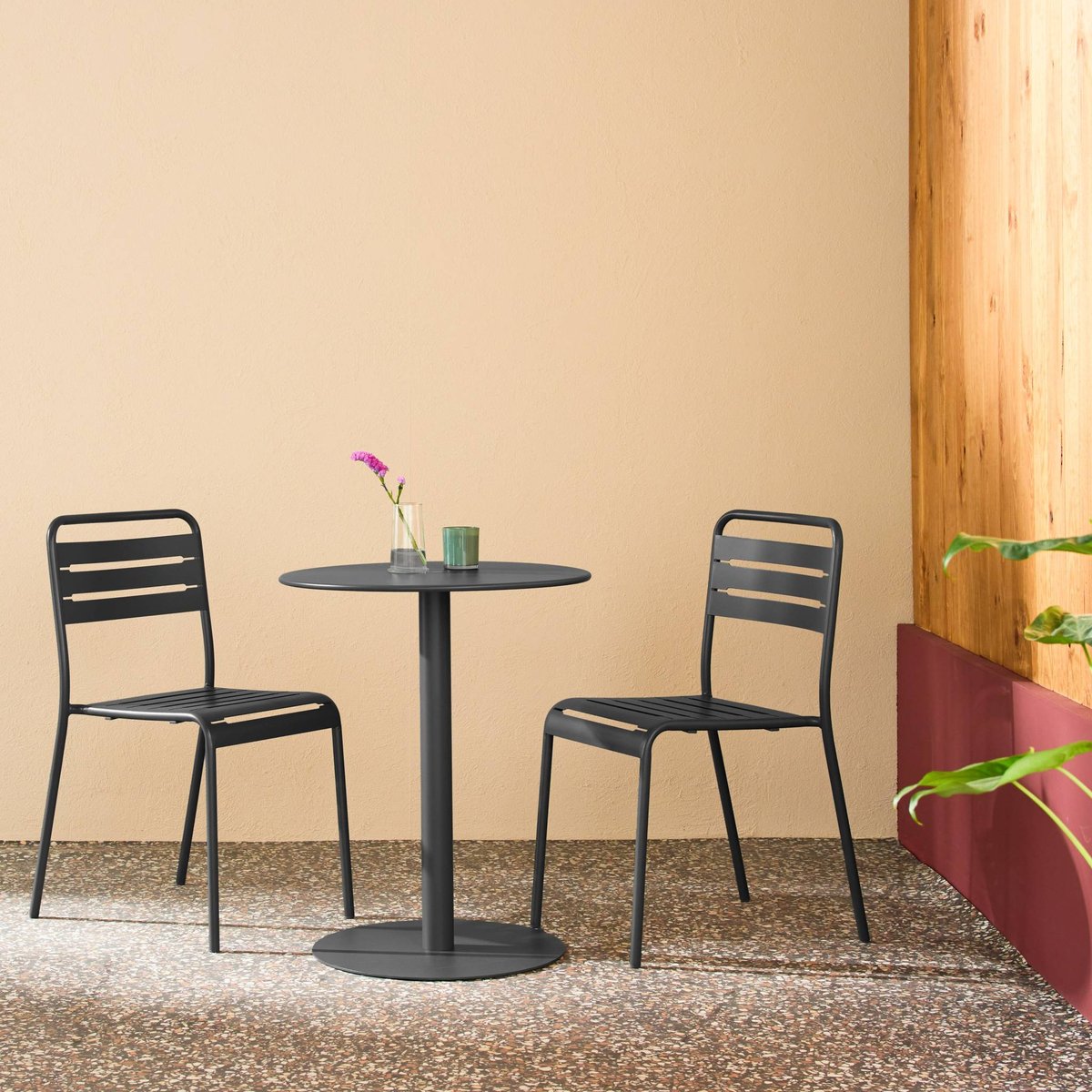 Table de jardin bistrot ronde acier + 2 assises OREA + AMÉLIA kaki, SWEEEK