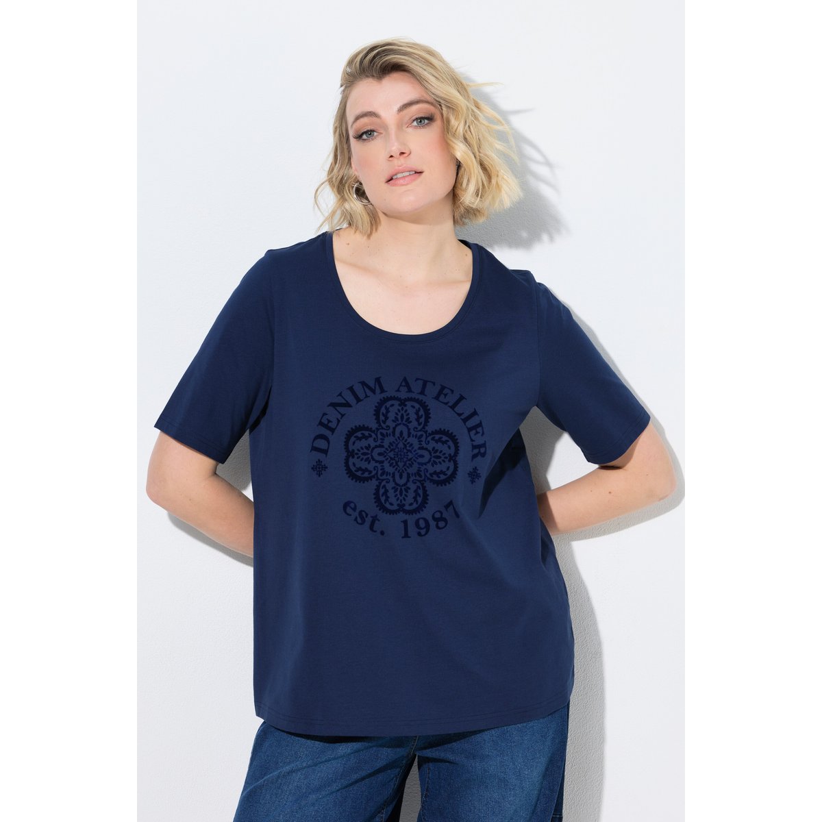 T-shirt imprimé floqué bleu encre, ULLA POPKEN