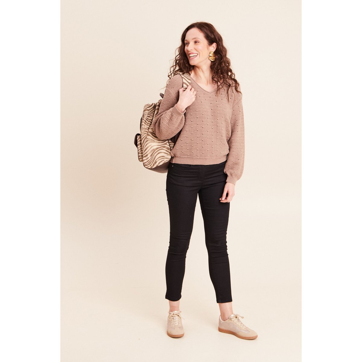 Pull droit long col v manches longues sable, BREAL