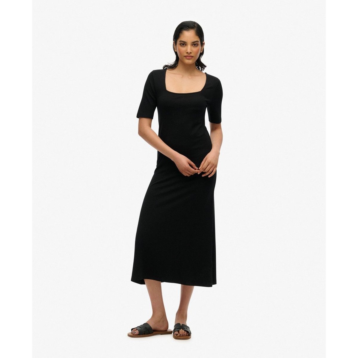 Robe mi-longue en jersey à manches courtes et encolure carrée noir, SUPERDRY