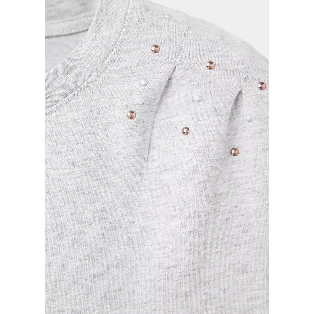 T-shirt en coton à plis et applications métalliques gris chiné clair, MANGO TEEN