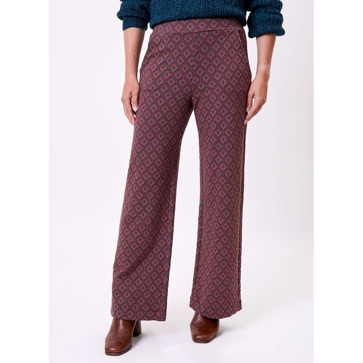 Pantalon ample maille jaquard recyclée PALMERO marron bleu, PRINCESSE NOMADE