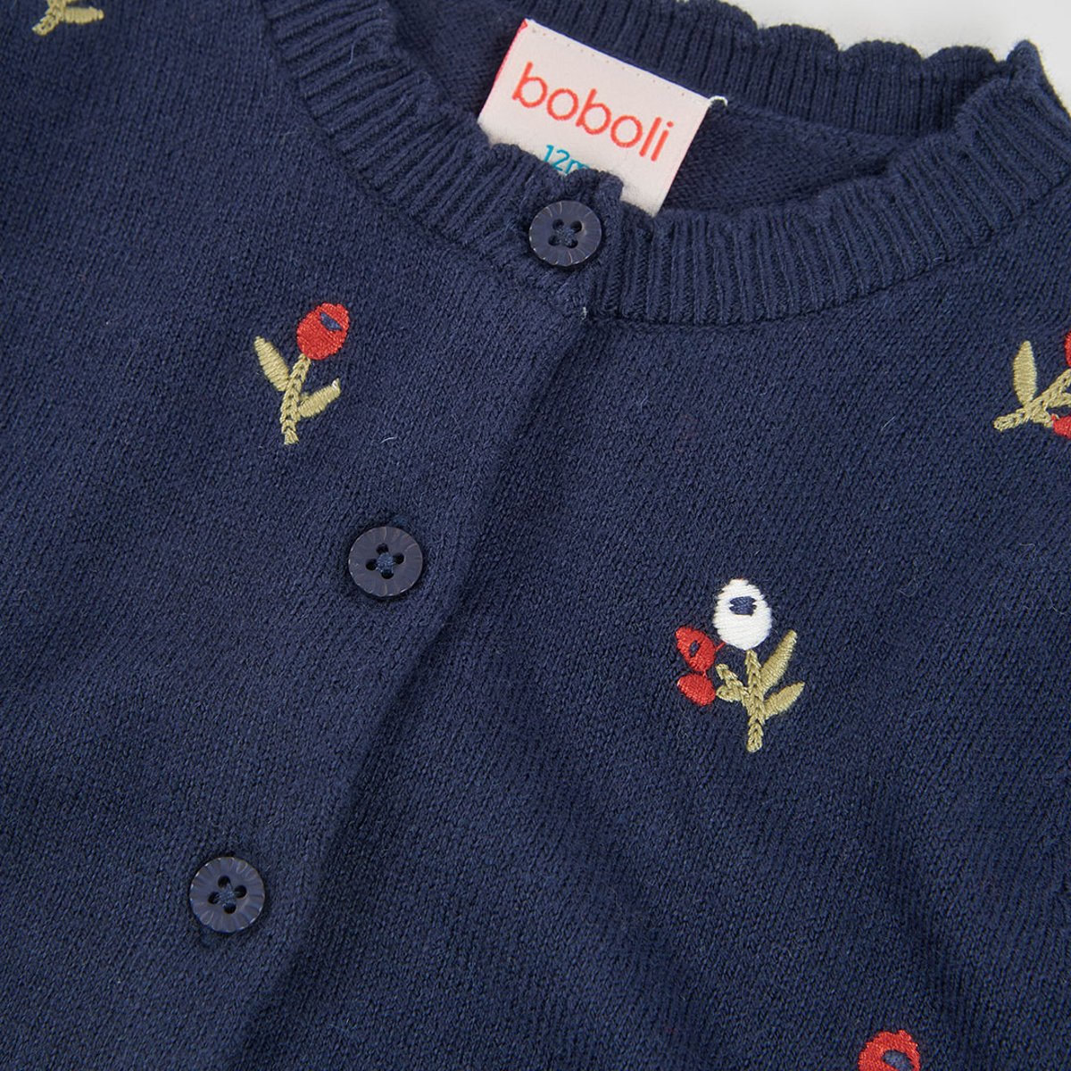 Gilet en maille fille broderie fleurs bleu, BOBOLI