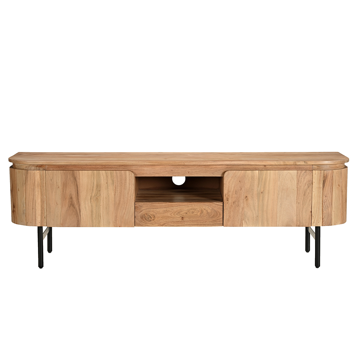 Meuble TV avec rangements en bois massif et métal noir L160 cm NAPOLI chêne clair, MILIBOO