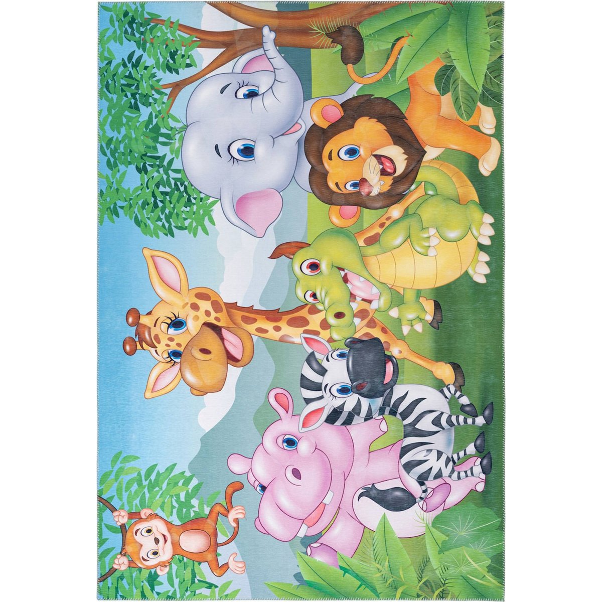 Tapis enfant motif jungle rectangulaire jungle multicolore sur fond vert et bleu, ARTE ESPINA