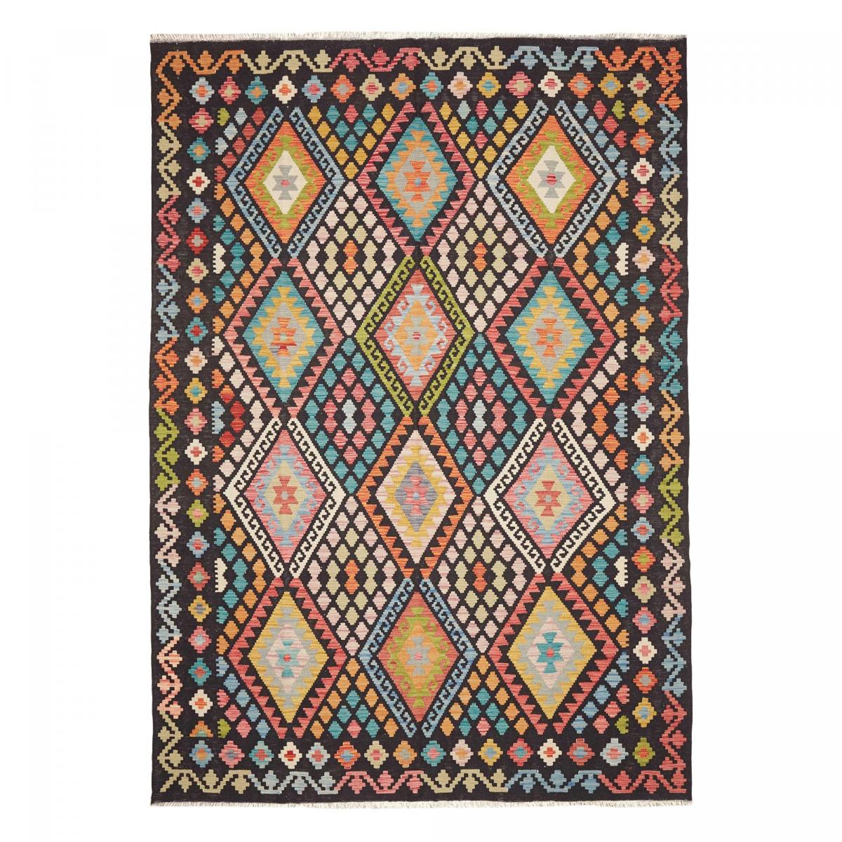 Tapis kilim au motif ethnique, tissé plat artisanal, KILIM 34 multicolore, noir, orange, UN AMOUR DE TAPIS
