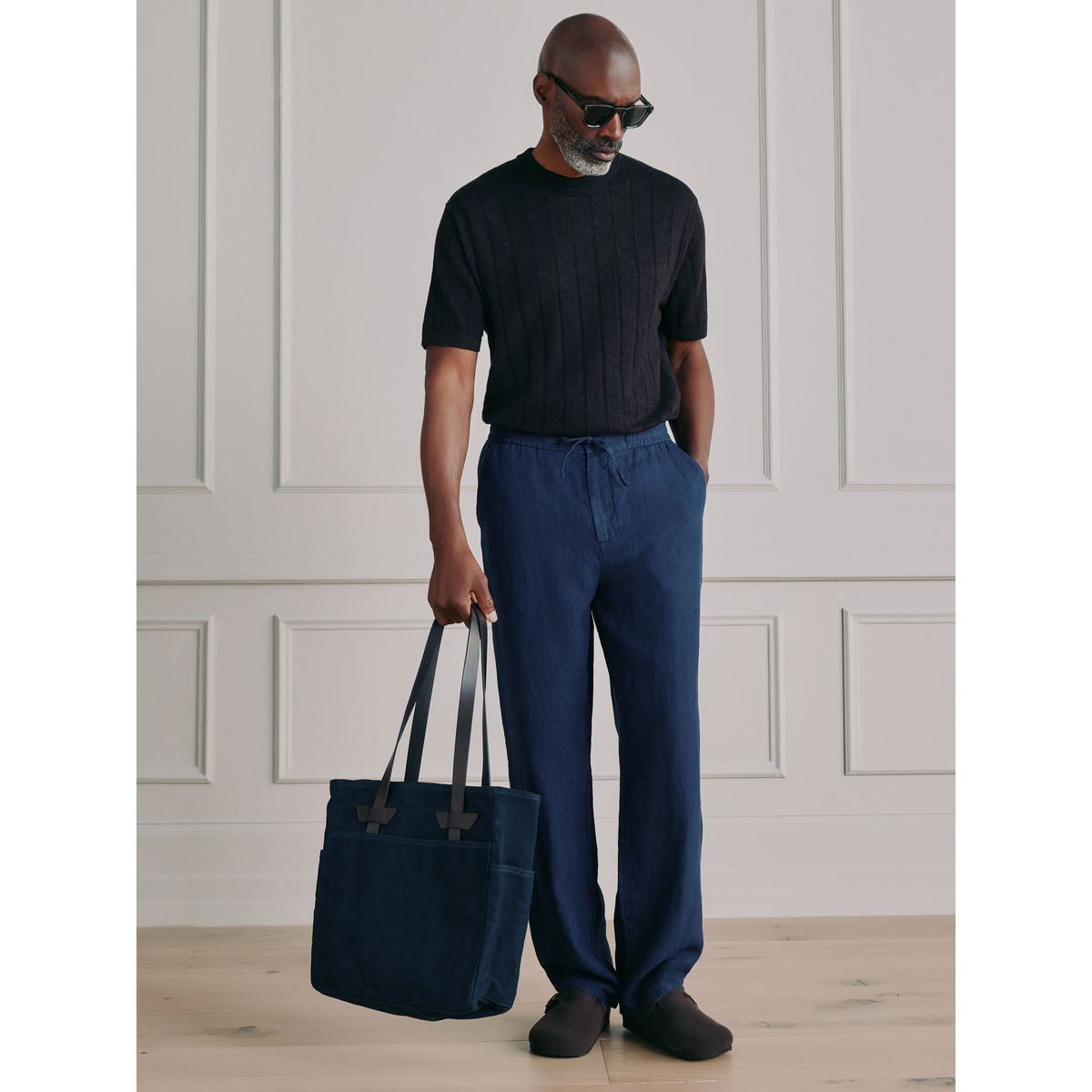 Pantalon lin taille élastique signature bleu marine, NEXT