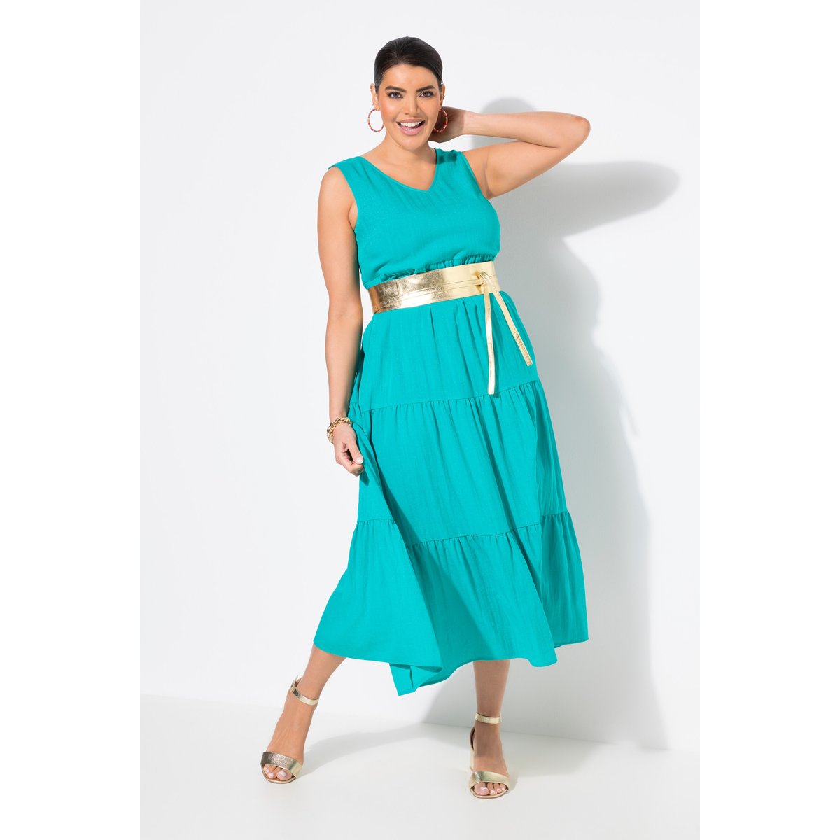 Robe maxi sans manches. Plusieurs niveaux bleu turquoise, ULLA POPKEN