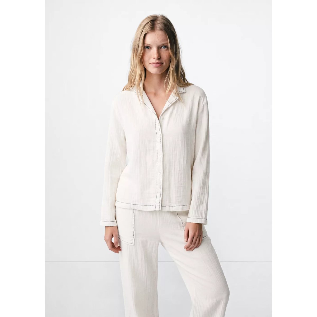 Pyjama deux pièces surpiqûre blanc cassé, MANGO TEEN