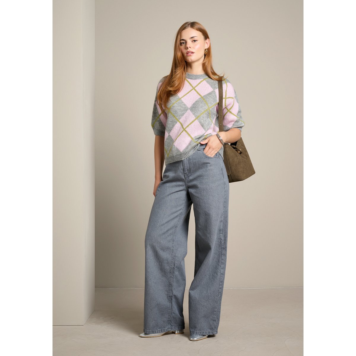 Pull à motif losanges gris clair, LOLALIZA